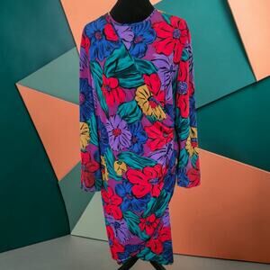 Vintage 80s Bold Tropical Floral Shift Dress Long Sleeve Crew Neck Size Large